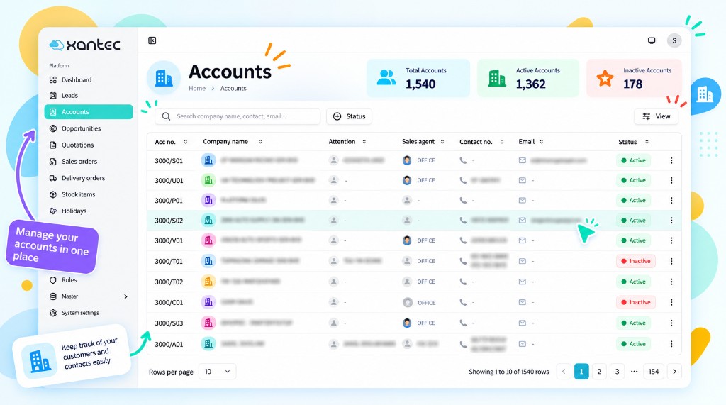 TargetCRM 客户账户列表，集中管理马来西亚中小企业的客户、联系人与账户状态