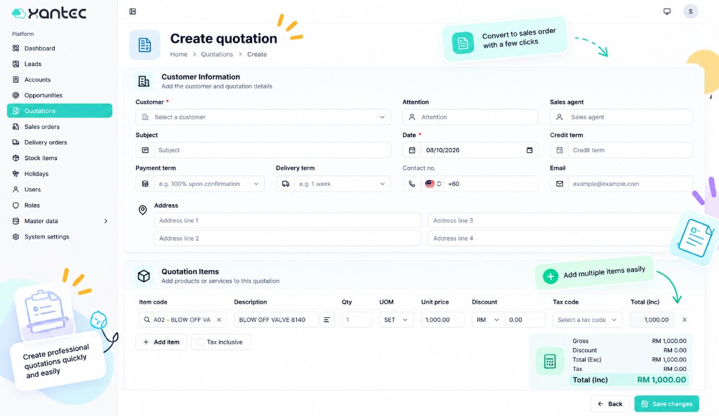 TargetCRM 创建报价页面，含明细项目、税额及转为销售订单