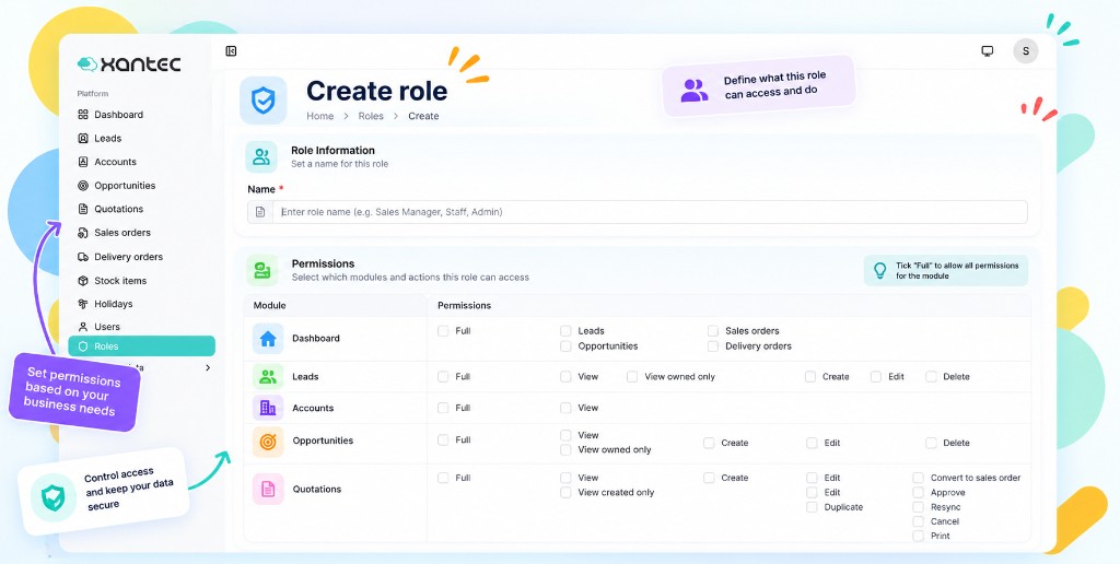 TargetCRM 角色权限页面，用于控制销售团队对各 CRM 模块的访问